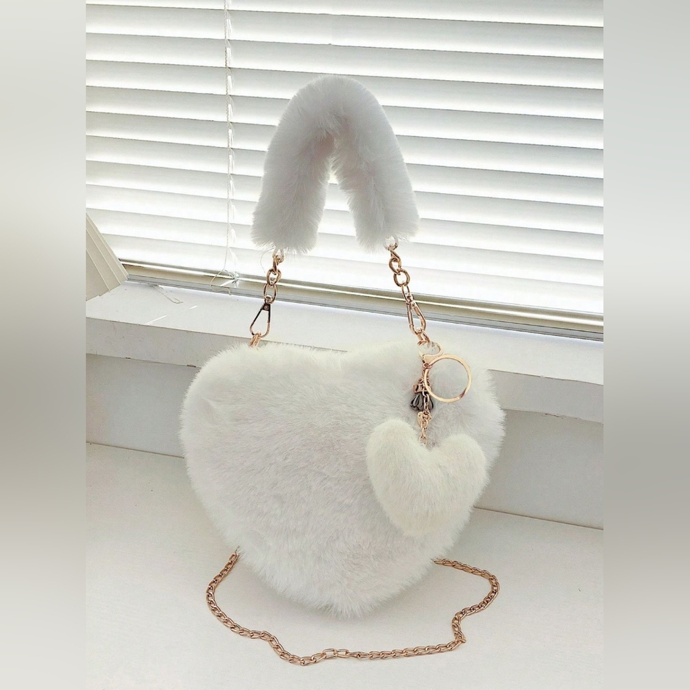 White Heart-Shaped Faux Fur HandBag